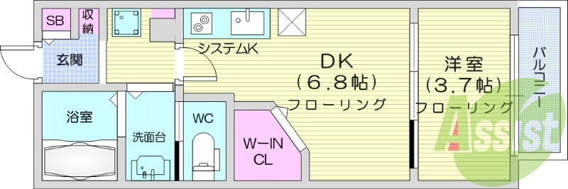 1DK、バルコニー、ウォークインクローゼット