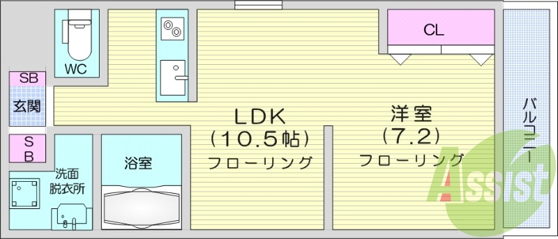 1LDK、バストイレ別、シューズボックス、システムキッチン