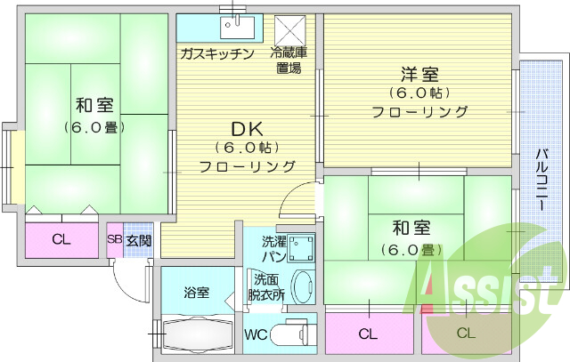 3DK、南向き、追い焚き機能、独立洗面台、エアコン
