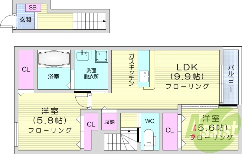 2LDK、浴室乾燥、一坪風呂、独立洗面、セコム