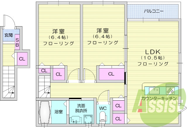 ２ＬＤＫ、カウンターキッチン、クローゼット、セパレート