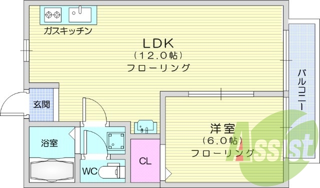 1LDK、エアコン、バルコニー、フローリング、給湯