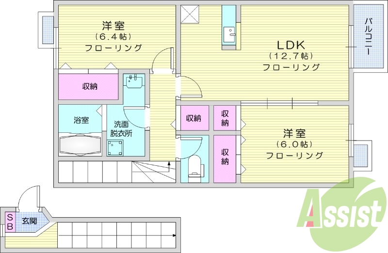 2LDK、エアコン、テレビ付きインターホン、角部屋、最上階
