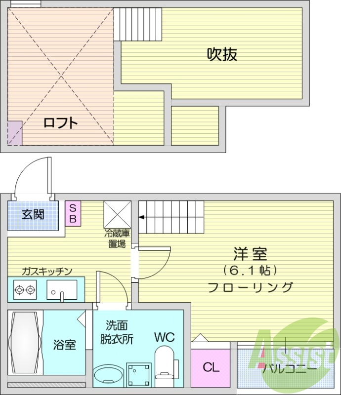 1K、ロフト付き、エアコン、フローリング、オートロック