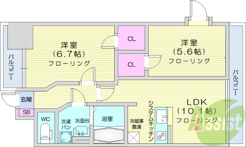 2LDK、オートロック、ウォークインクローゼット、防犯カメラ