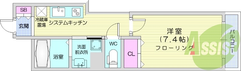 1K、追い焚き機能付き浴室、独立洗面化粧台有
