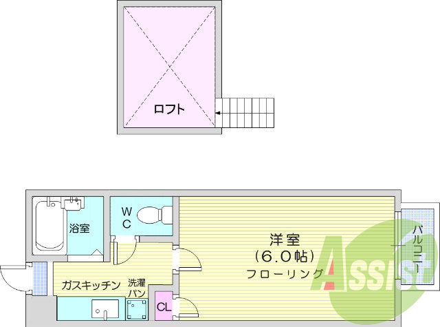 １k、ロフト、風呂トイレ別、エアコン、追い焚き給湯