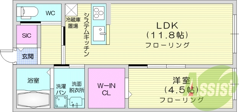 1LDK、フローリング、独立洗面台、モニター付きインターホン