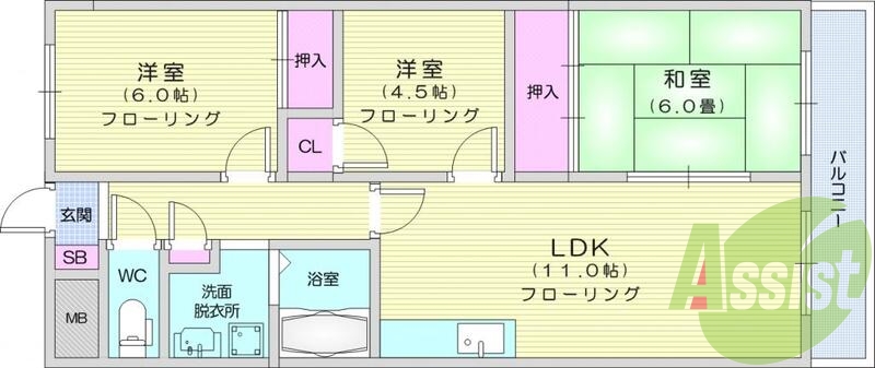 3LDK、南向き、追焚機能、エアコン、バルコニー