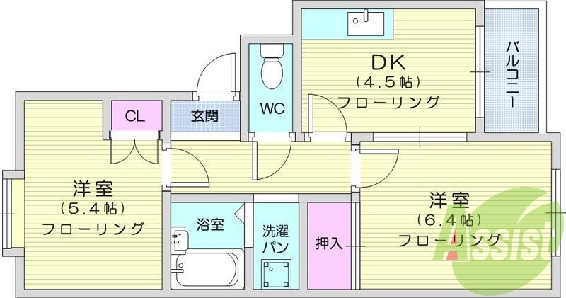 2DK、バス・トイレ別、エアコン、ベランダ、室内洗濯機置場