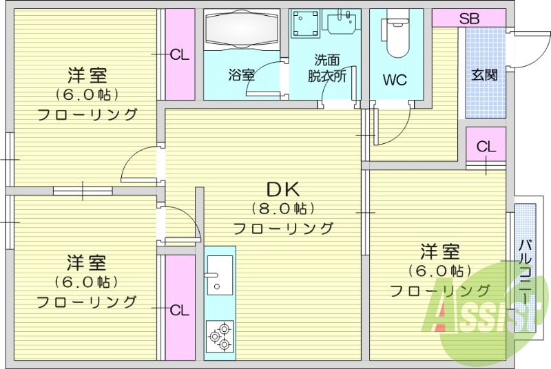 3DK、エアコン、IH、オール電化、独立洗面台
