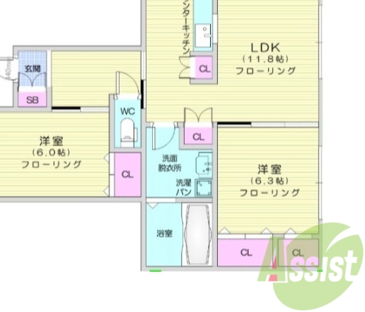 2LDK、TVインターホン、洗髪洗面化粧台、全室エアコン付き