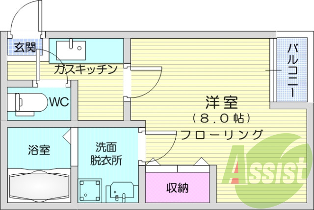 1K、エアコン、バストイレ別、洗面所、洗面台