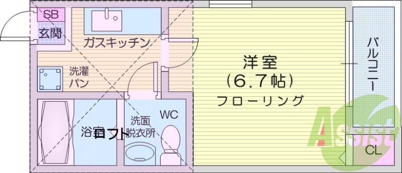 1K、バストイレ別、ロフト付き、室内洗濯機置き場、エアコン