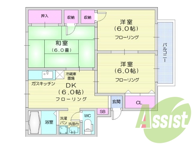 3DK、日当たり良好、エアコンあり、収納充実