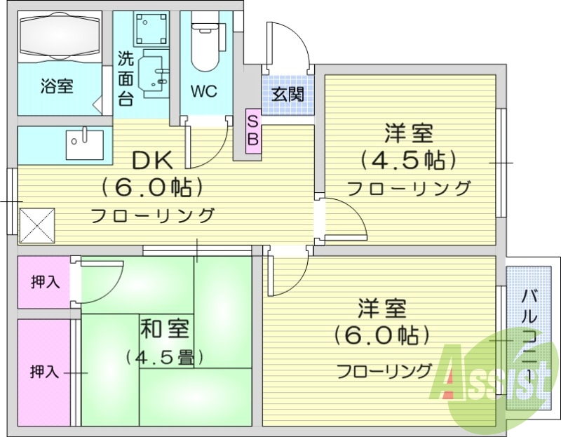 3DK、バストイレ別、エアコン、室内洗濯機置場