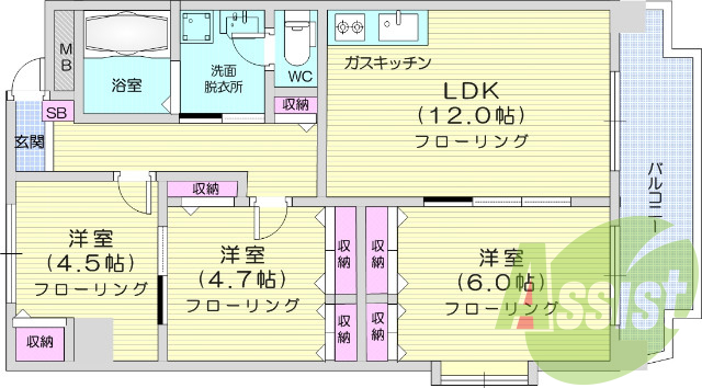 3LDK、追い炊き、エアコン、クローゼット、独立洗面台