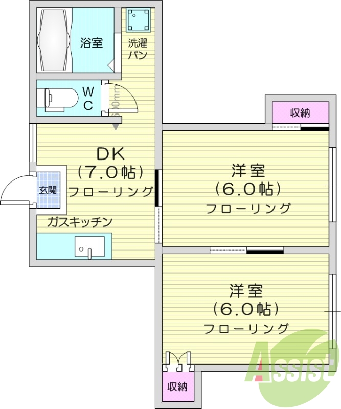 2DK、バストイレ別、都市ガス、ペット相談可、女性のみ