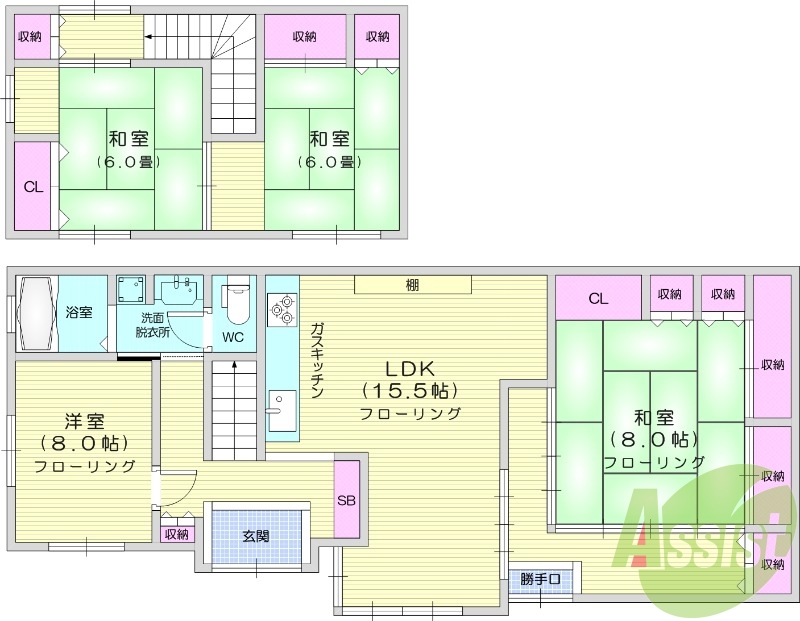 4LDK、都市ガス、戸建て、無料駐車場、楽器相談可