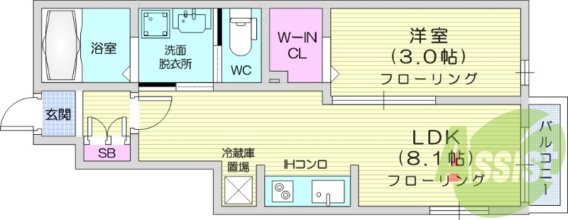 1LDK　IHコンロ　インターネット無料　浴室乾燥機