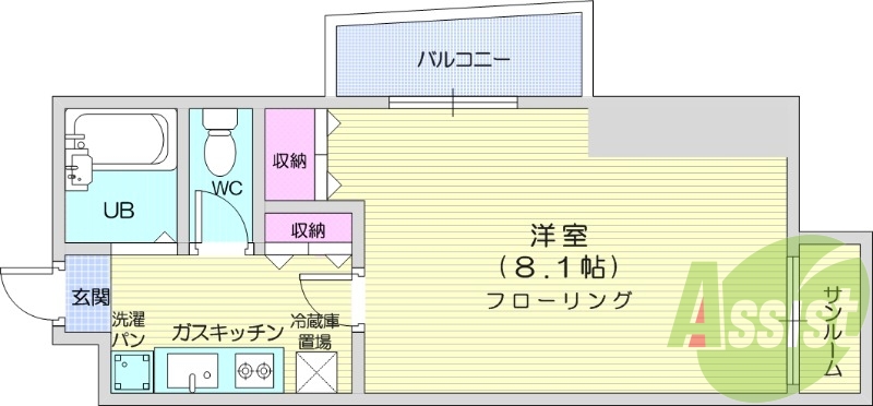 1K、洋室8.1帖、2口コンロ、サンルーム付き