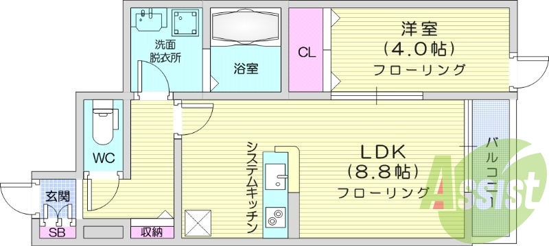 1LDK、フローリング、カウンターキッチン