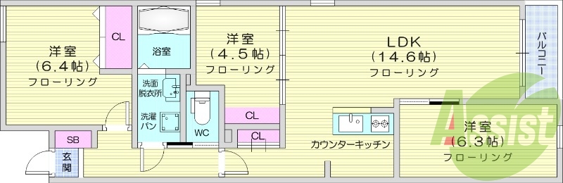 3LDK、オートロック、ネット無料、追い焚き、IHコンロ