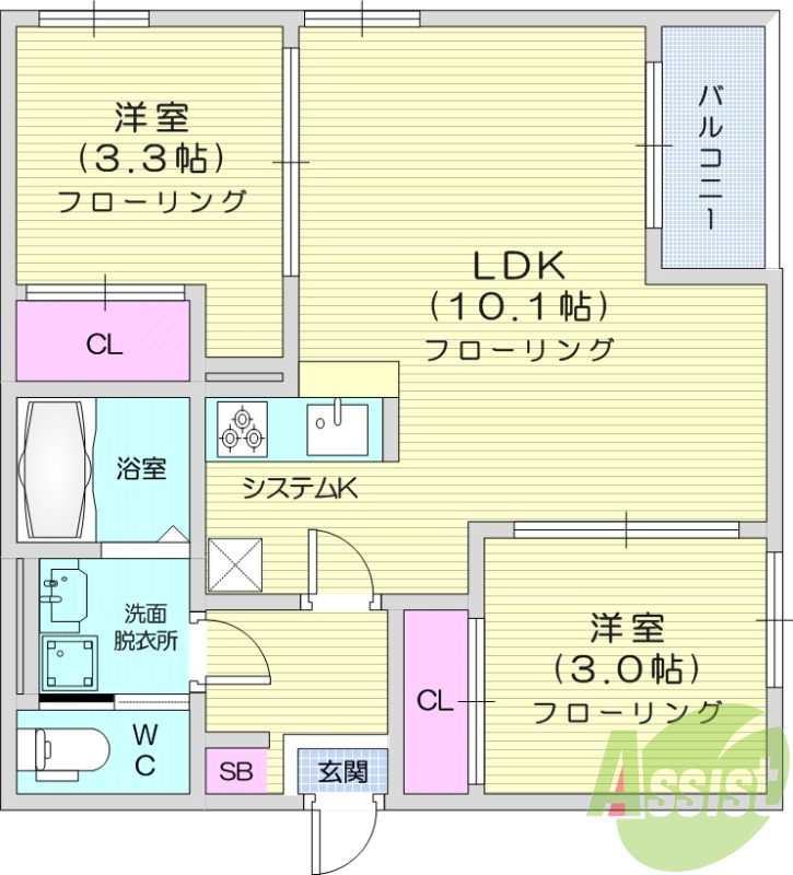 2LDK　都市ガス　システムキッチン　ネット無料　追い焚き