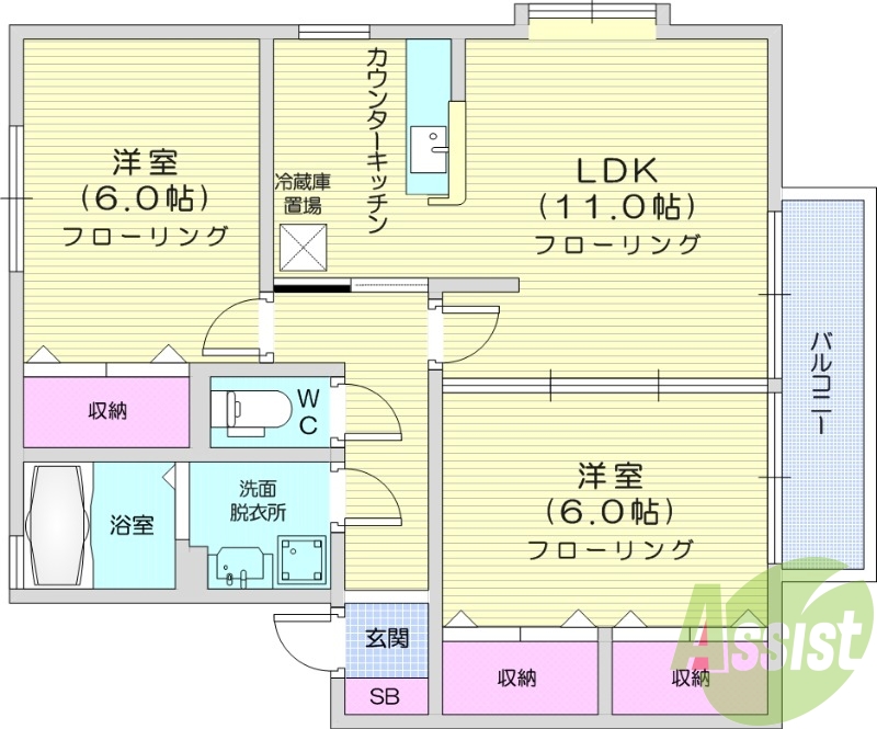 2LDK、防犯カメラ、宅配ボックス、温水洗浄便座。