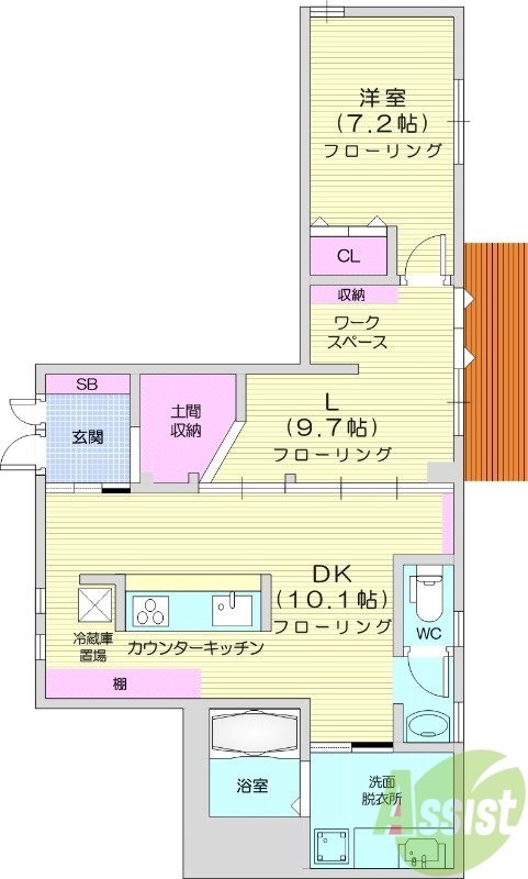 1LDK、バーカウンター、一坪風呂、ワークスペース。