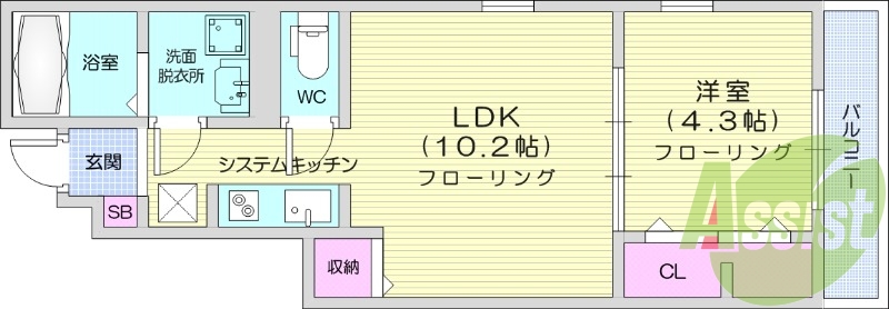 1LDK、宅配ボックス、ネット無料、バルコニー。