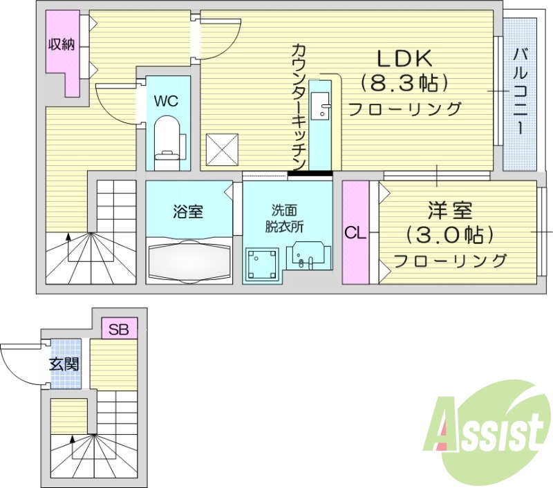 １LDK、浴室乾燥機、独立洗面台、カウンターキッチン