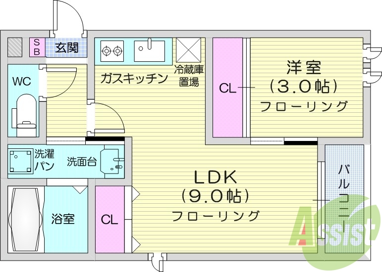 １LDK、浴室乾燥機、シャンプードレッサー、システムキッチン