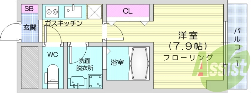1K、エアコン、都市ガス、追い焚き、バストイレ別、収納