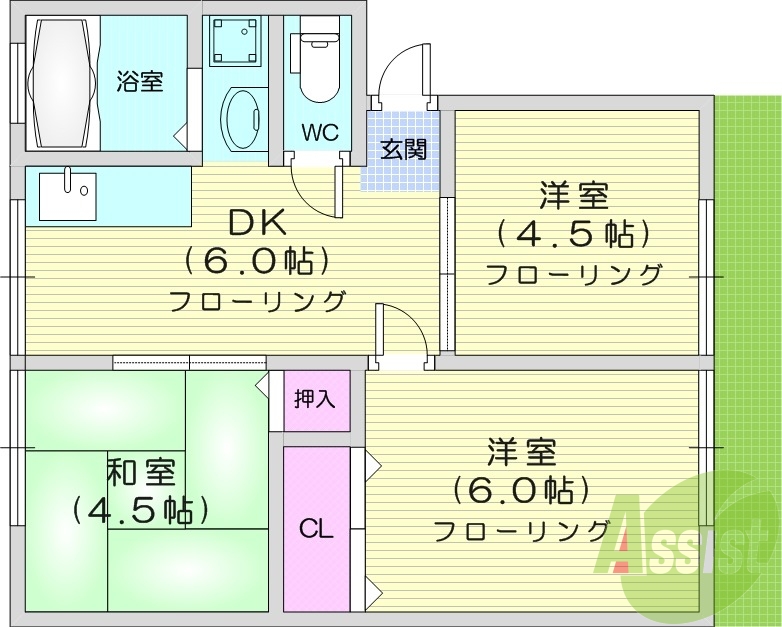 3DK、和室、システムキッチン、追焚機能付き。