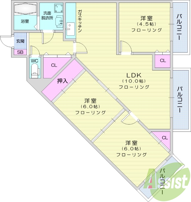 ３LDK、ウォシュレット機能付き、TV付インターホン。