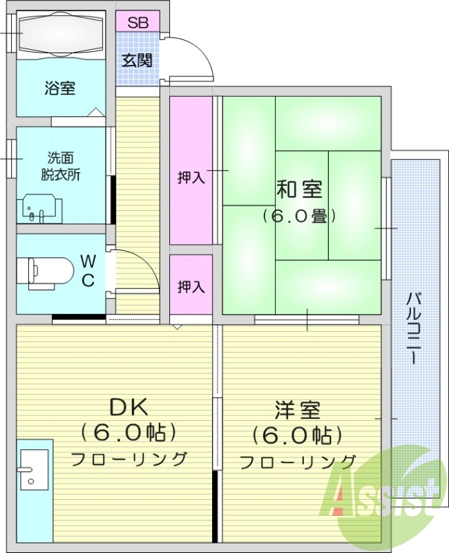 2DK、バストイレ別、温水洗浄便座付き、室内洗濯置場