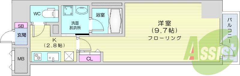 1K、洋室9.7帖、2口IHクッキングヒーター