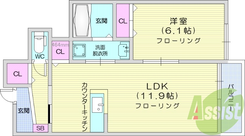 １LDK、バス・トイレ同室、温水洗浄便座、室内洗濯機置場