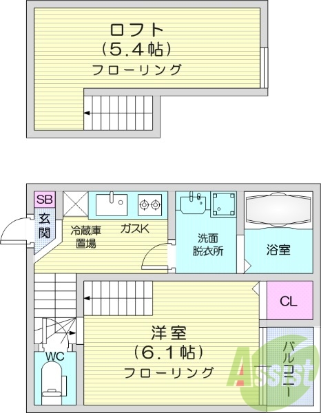 1K、ロフト付き、バストイレ別、バルコニー付、独立洗面化粧台