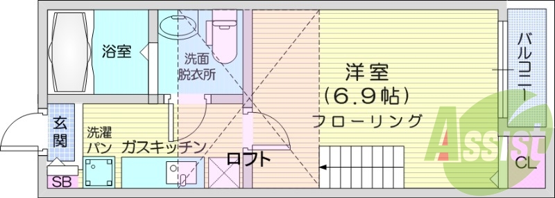 1K、ロフト、バルコニー、バストイレ別、洗面所独立