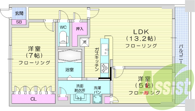 3LDK、システムキッチン、追い焚き、独立洗面台。エアコン