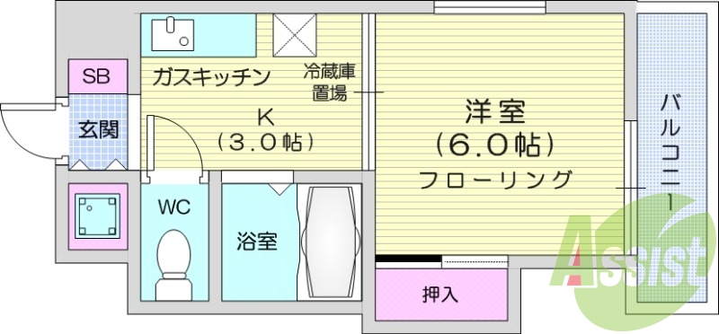 1K、都市ガス、インターネット無料、宅配ボックス