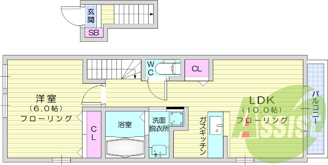 1LDK、24時間換気システム、浴室乾燥機、バストイレ別