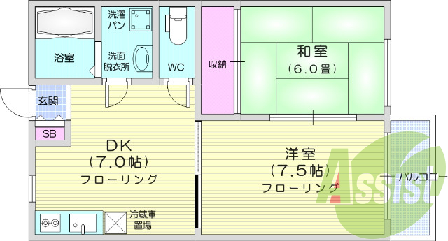 2DK、独立洗面台、エアコン、風呂トイレ別