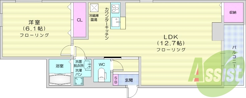 1LDK、浴室乾燥付き、追い焚き機能、床下収納あり