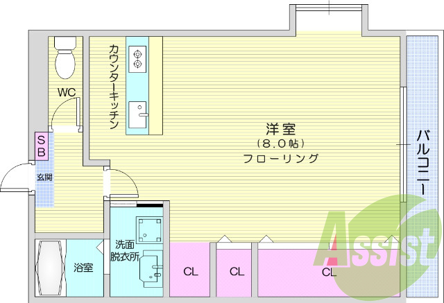 1K　カウンターキッチン　独立洗面台　バルコニー　