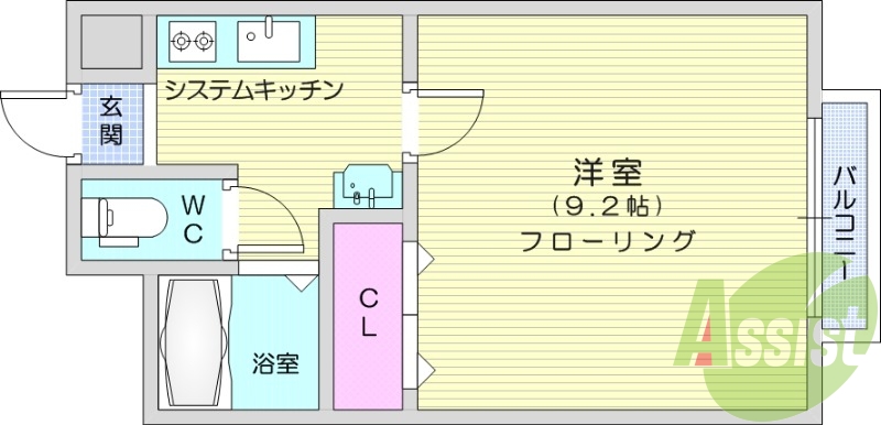 1K、エアコン、室内洗濯機置場、トイレ浴室別、クローゼット