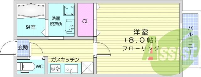 1K、フローリング、独立洗面化粧台、バルコニー、エアコン
