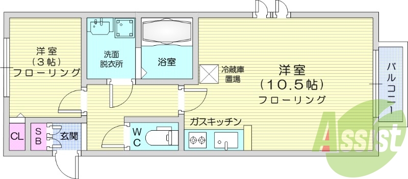 1LDK、フローリング、モニター付きインターホン